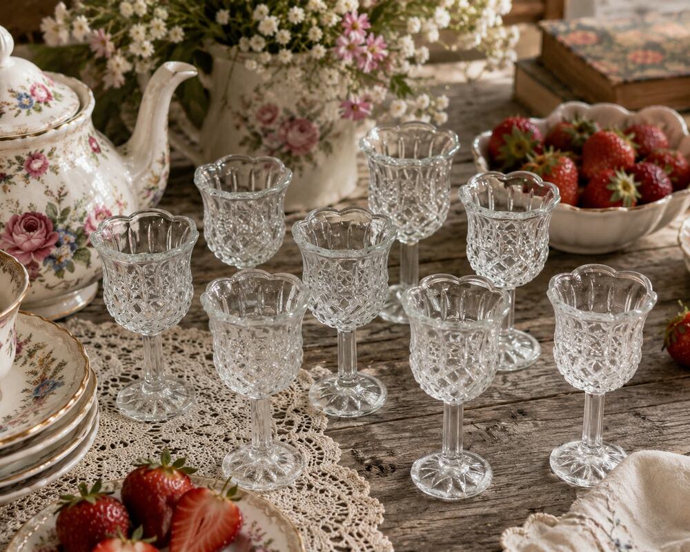 Vintage Clear Pressed Glass Cordial Glasses Set of 8 Tulip Rim